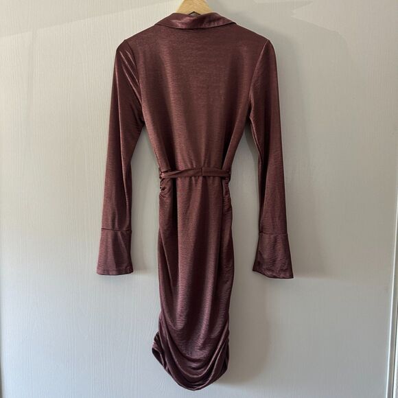 Louna Revolve Satin Mauve Brown Jersey Shirt Ruched Collared Mini Dress‎ Small - Picture 8 of 9